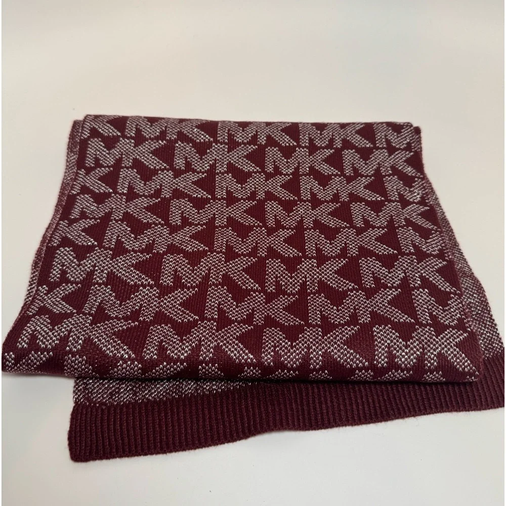 Michael Kors Scarf Winter Burgundy Glitter Silver Monogram Designer Accessory